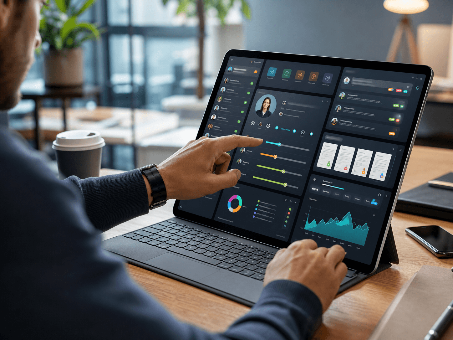 AI agent builder interface with knowledge uploads and analytics